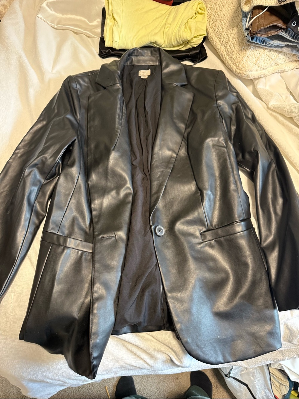 Women's Black Faux Leather Single-Button Blazer